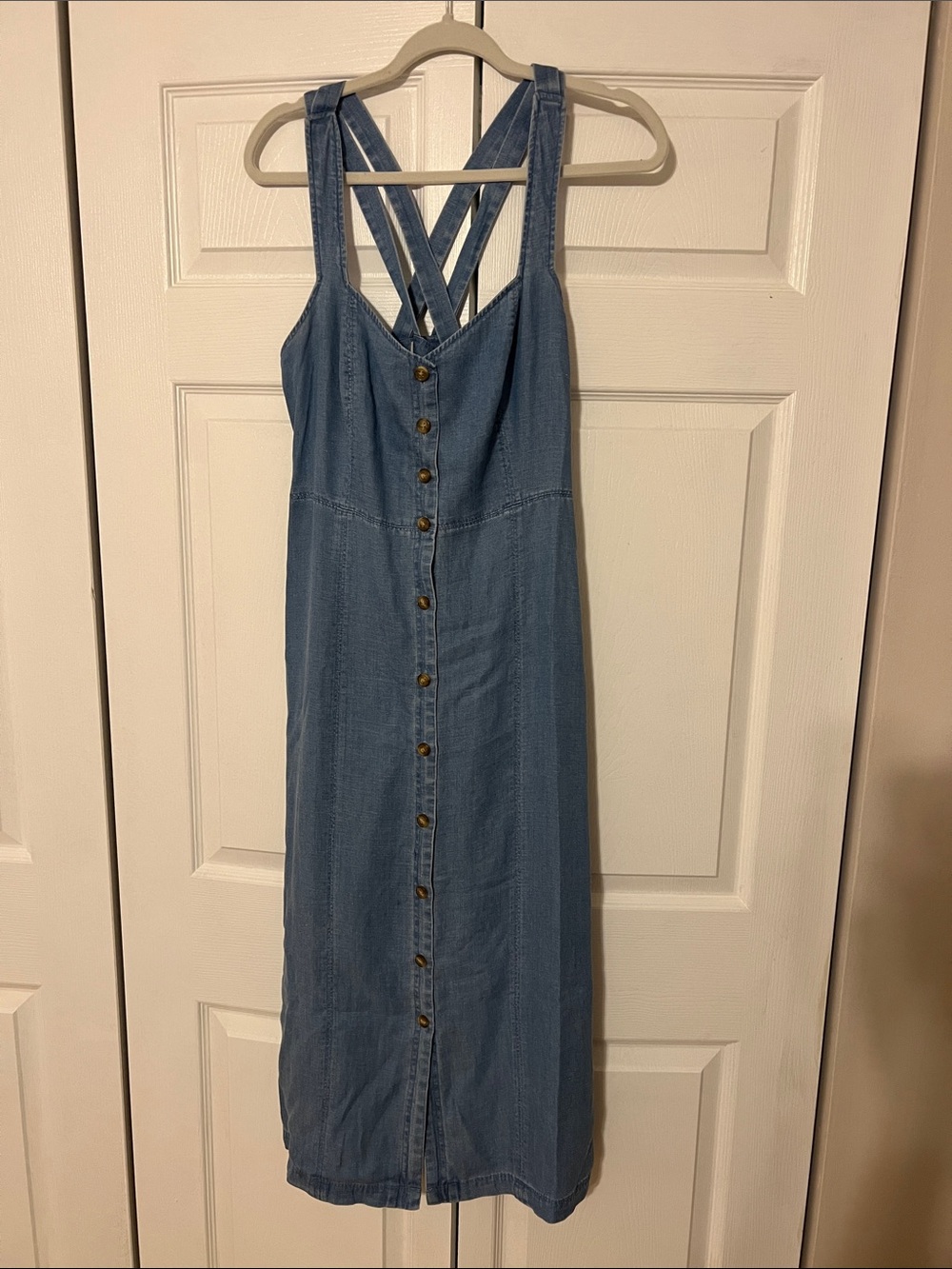LOFT Light Blue Denim Midi Dress with Button Front and Crisscross Straps